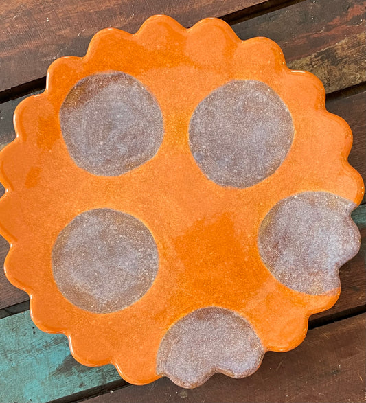 Orange Scalloped purple polka dot plate